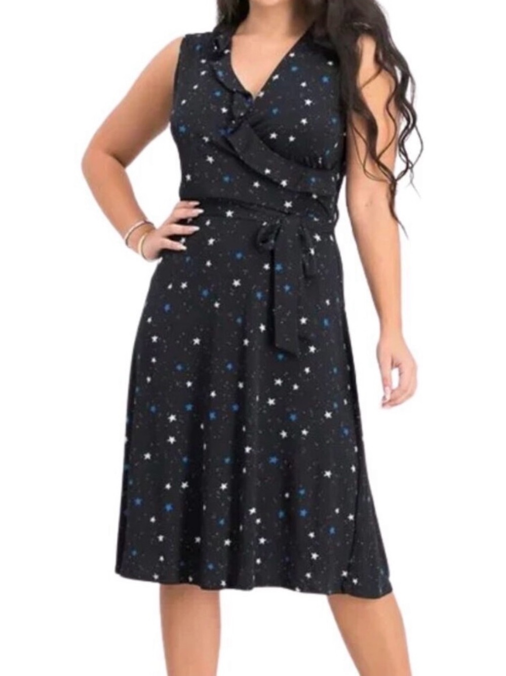 Leota Black Sleeveless Star-Print Wrap Midi Dress